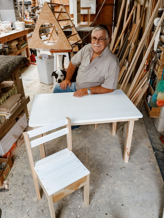 Grandpa Pete in workshop.  Large rectangle Kids Table and Chairs set in combination varnish and white paint finish - Grandpa's Workshop